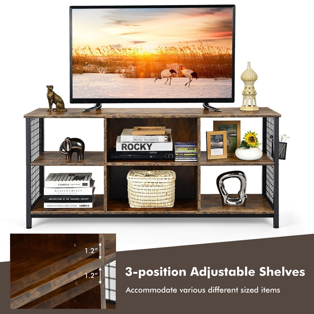 Finihen TV Stand, TV Cabinet, Mid-Century Wooden TV Stand with Storage Basket for TVs up to 65 Inch, for Living Room, Bedroom, Rustic Brown