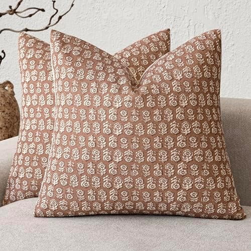 Set of 2 Decorative Neutral Floral Print Throw Pillow Covers Vintage Farmhouse Cushion Covers Boho Home Decor for Sofa Chair Couch Bedroom Living Room,18×18 Inch,Light Orange Brown