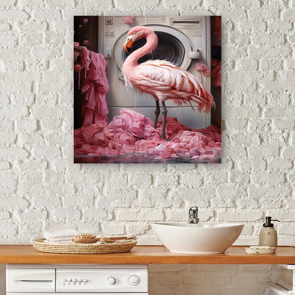 Designart "Flamingo Dance in Pink Laundry Room I" Illustration Canvas Wall Art - Modern Pink Laundry Living Room Canvas Art
