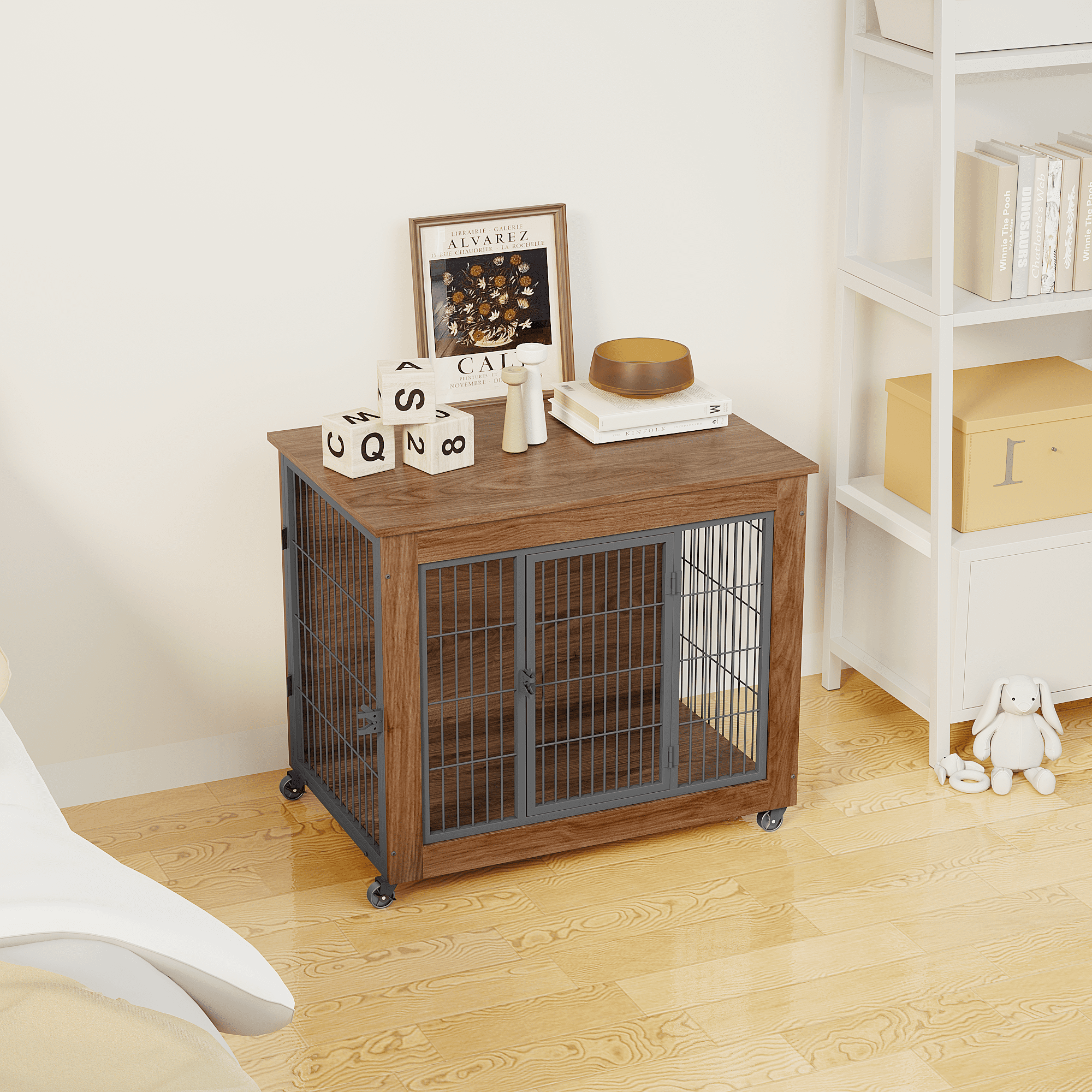 32.5" Dog Crate Furniture with Wheels for Small Dogs, Heavy Duty Dog Kennel Indoor with 2 Doors, Wooden Pet Cage End Table, Double-Doors Sturdy Metal Dog Cage for Anxiety Dog