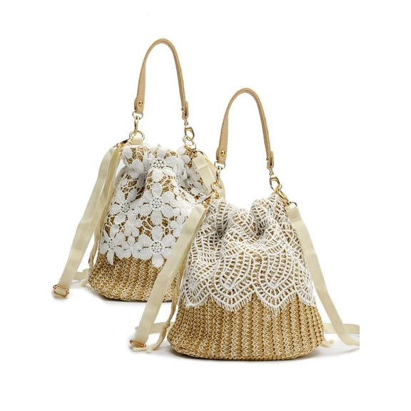 LAVA Women Straw Handbag Summer Beach Bucket Bag Lace Woven Drawstring Purse