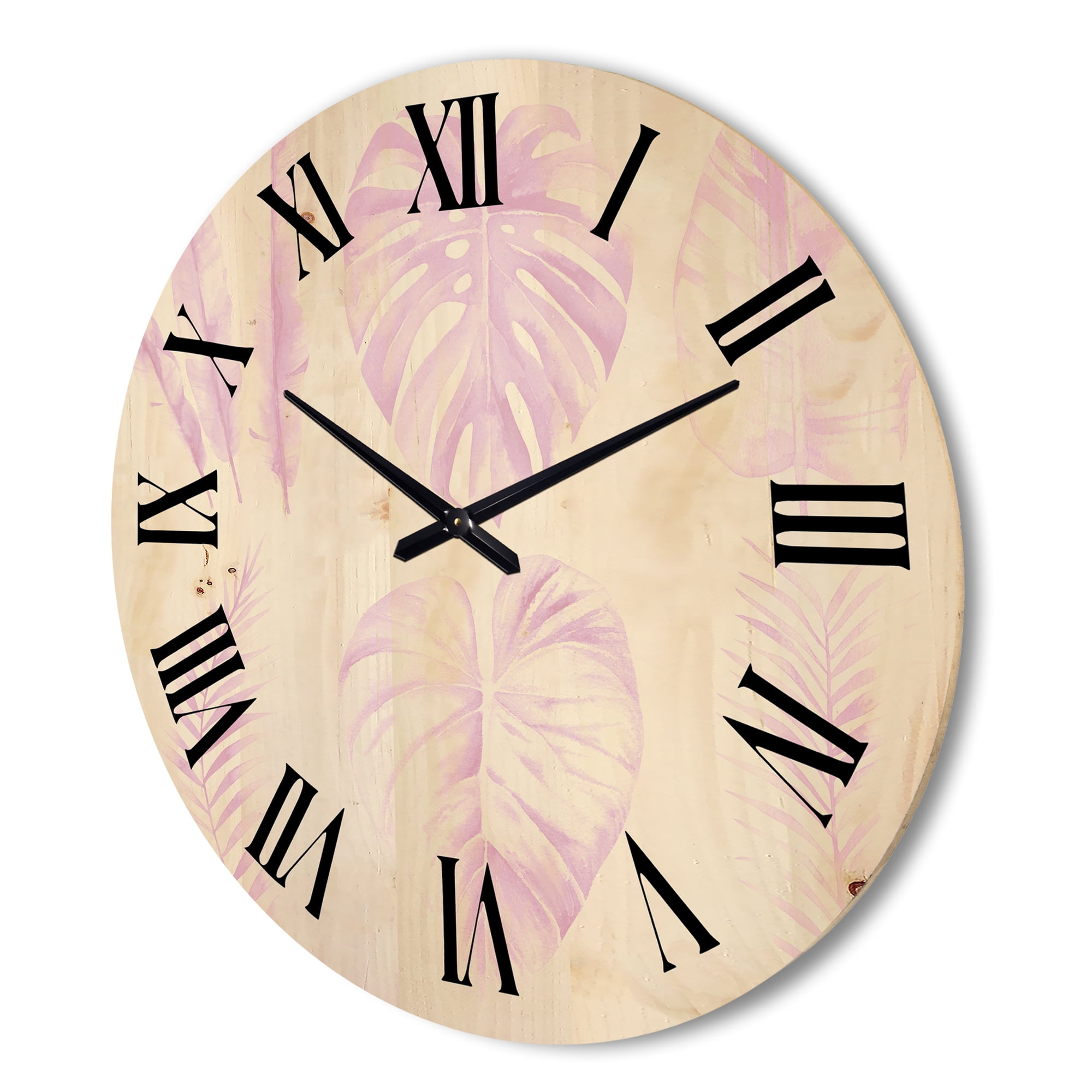 Designart 'Tropical Pink Watercolour Leaves On White I' Shabby Chic Wood Wall Clock