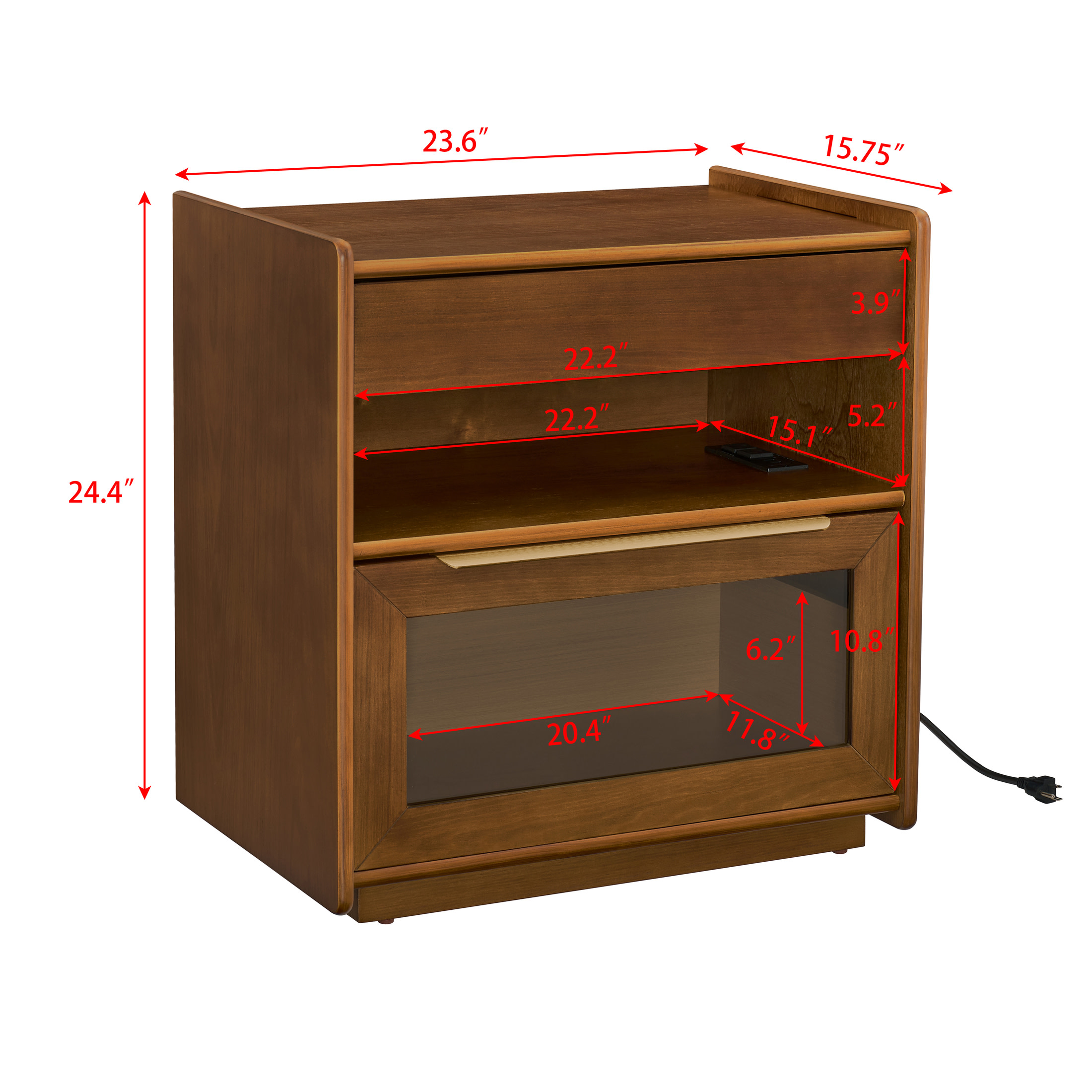 Noble House Mid-Century Nightstand with Charging Station,  Glass Detail & Open Shelf, Farmhouse End Table, Dark Walnut