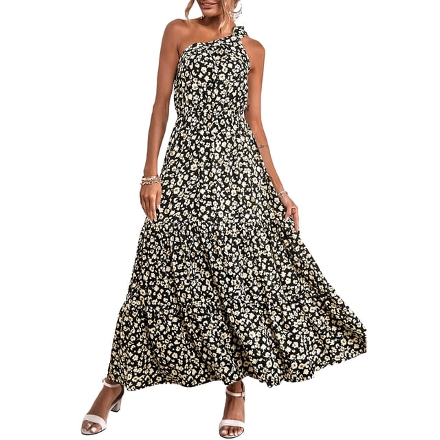 Vestido PRETTYGARDEN XL Maxi Floral Negro de Un Hombro
