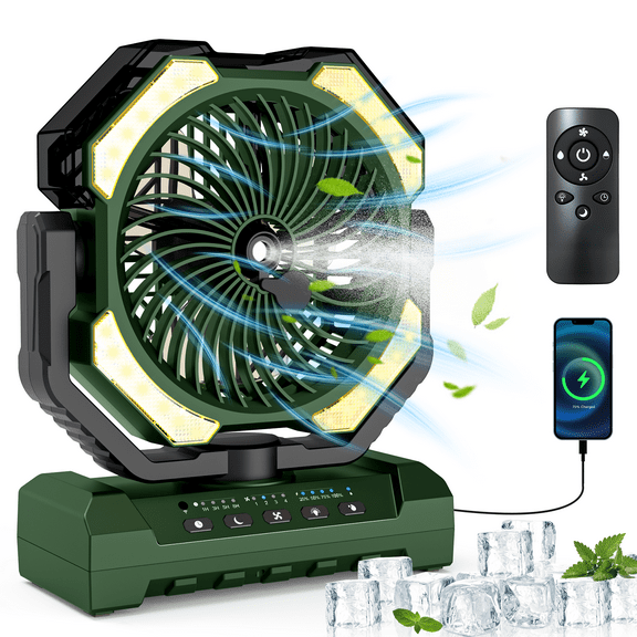 16000mAh Rechargeable Camping Misting Fan, 250ml Water Tank Portable Battery Powered Fan, Standing/Hanging With Hook, 4 Speed, Remote Control, Timer, 4 LED Brightness, Green