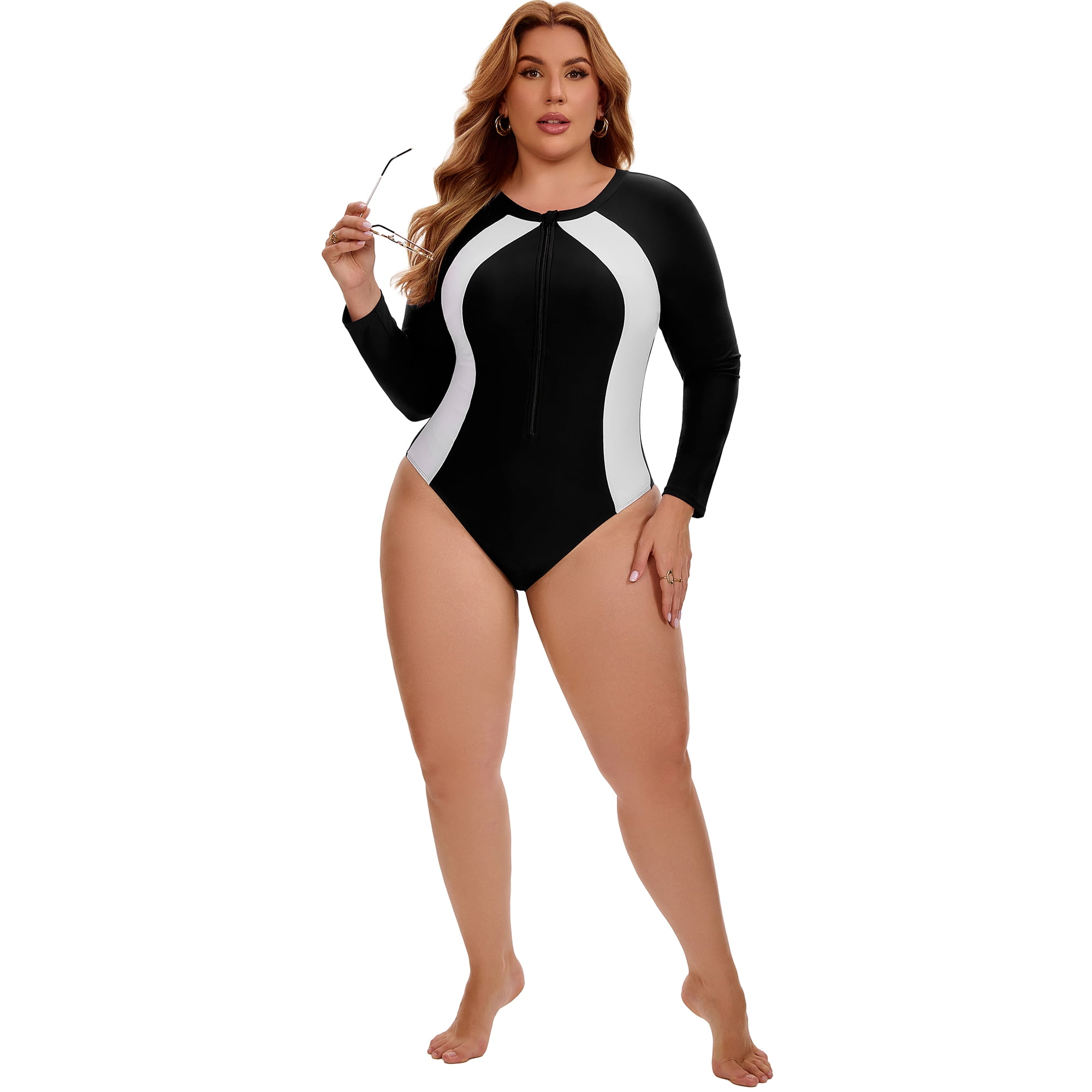 DARING DIVA Women's Plus Long Sleeve Zip Front Beach Swimsuit 2X Black White