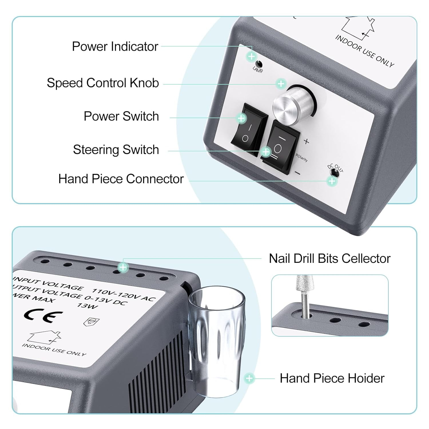 20000 RPM Electric Nail Drill with 6 Bits & 100 Sanding Bands, Low Noise Operation for Manicure, Pedicure & Nail Art