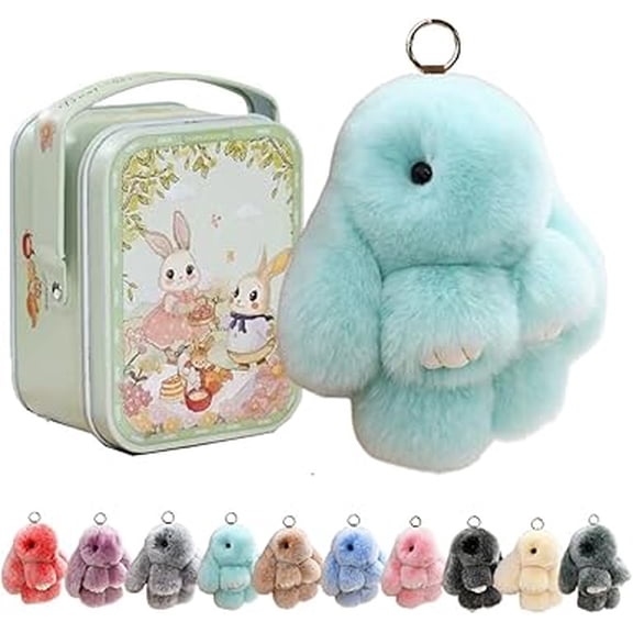Handmade Plush Bunny Keychain with Tin, Soft Fluffy Rabbit Charm, Easter Gift, Cute Cartoon Animal Pendant