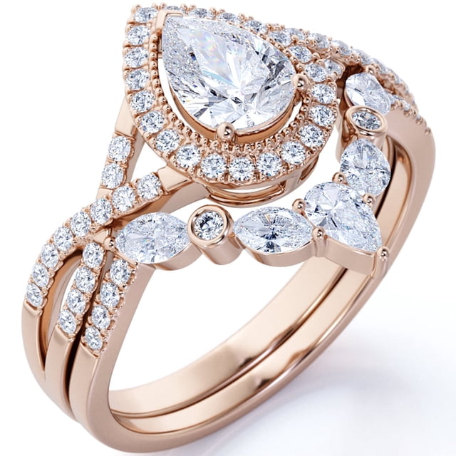 JeenMata Anillo de Compromiso Bohemio de Moissanita de Corte Pera de 1,75 Quilates Anillo de Compromiso Infinito con Alianza de Boda Art Déco en Oro Rosa de 10 K