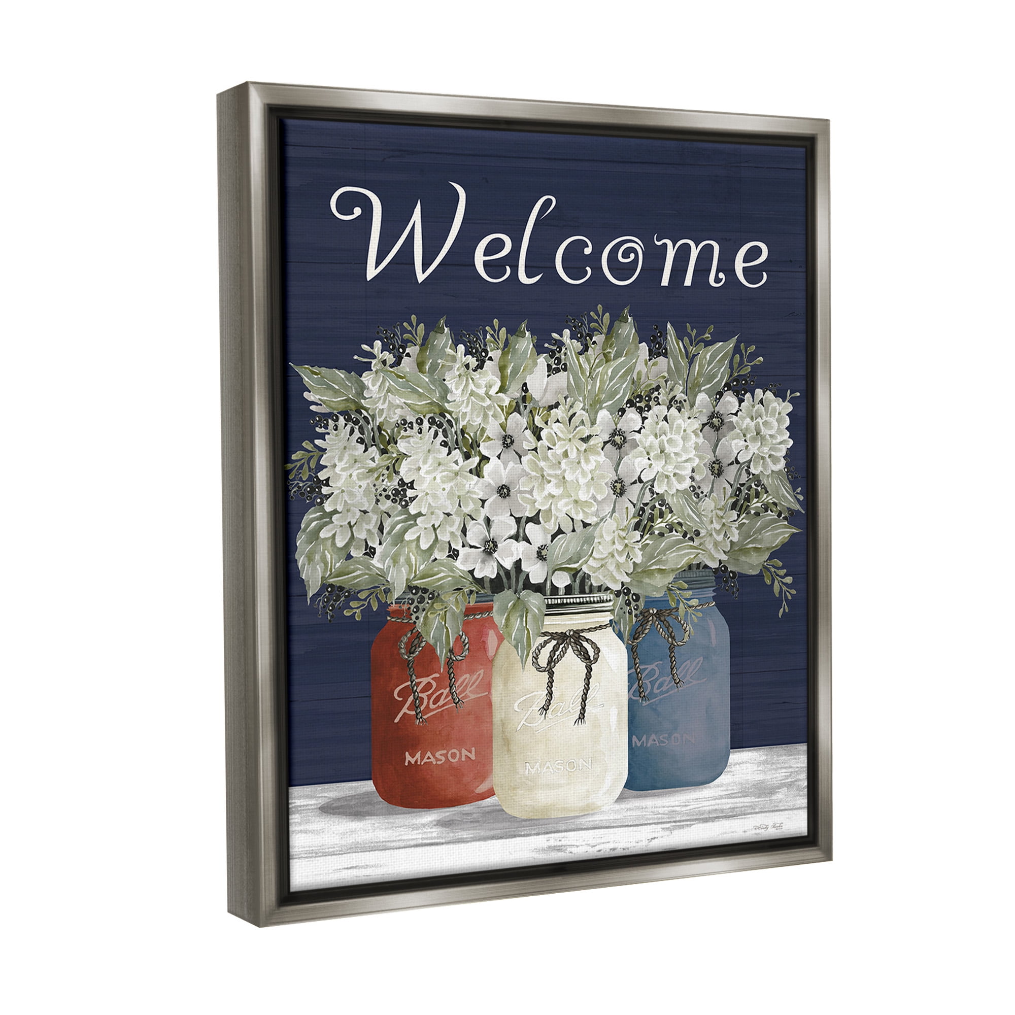 Stupell Industries Welcome with Country Herbs Botanical & Floral Painting Gray Floater Framed Canvas Art Print Wall Art, 25 x 31