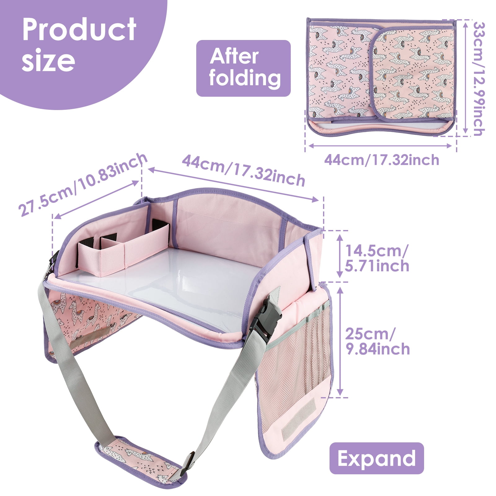 Carseat Table Tray for Kids Polyester Made Portable Drawing Board with Padded Shoulder Strap for Road Trip Activities