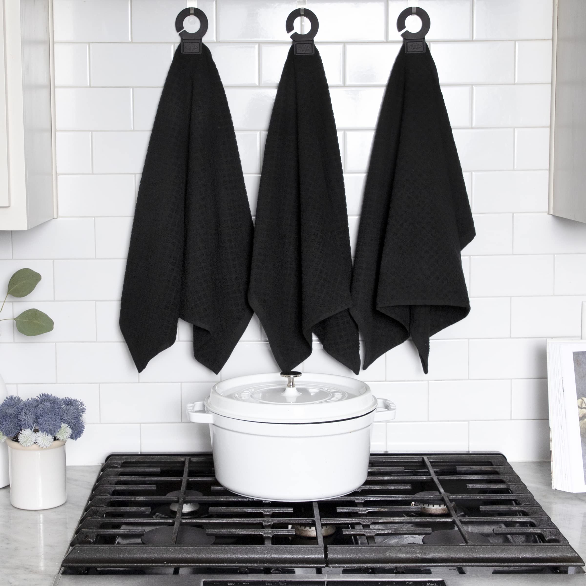 RITZ Hook and Hang Woven Kitchen Towel, Set of Two, Black