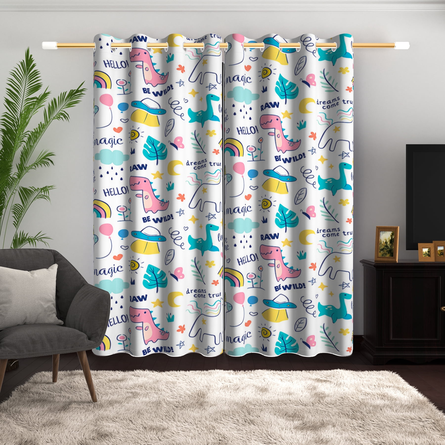 Lfeey Blackout Cartoon Curtains for Boy and Girl Rooms, Wild Dinosaur Print, 42x84 inch, 2 Panels