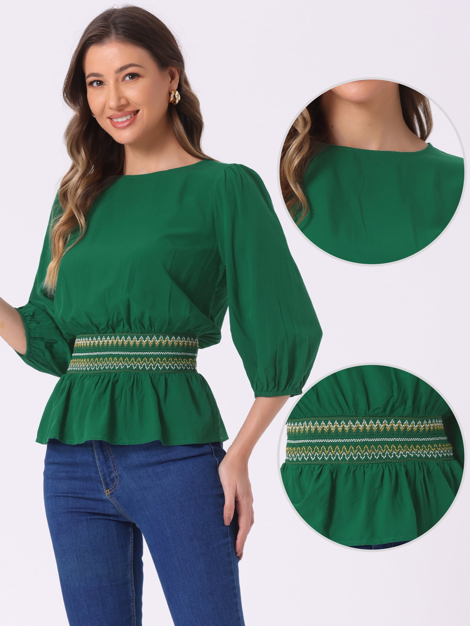 DARING DIVA Women's Peplum Puff Half Sleeve Smocked Waist Blouses M Green