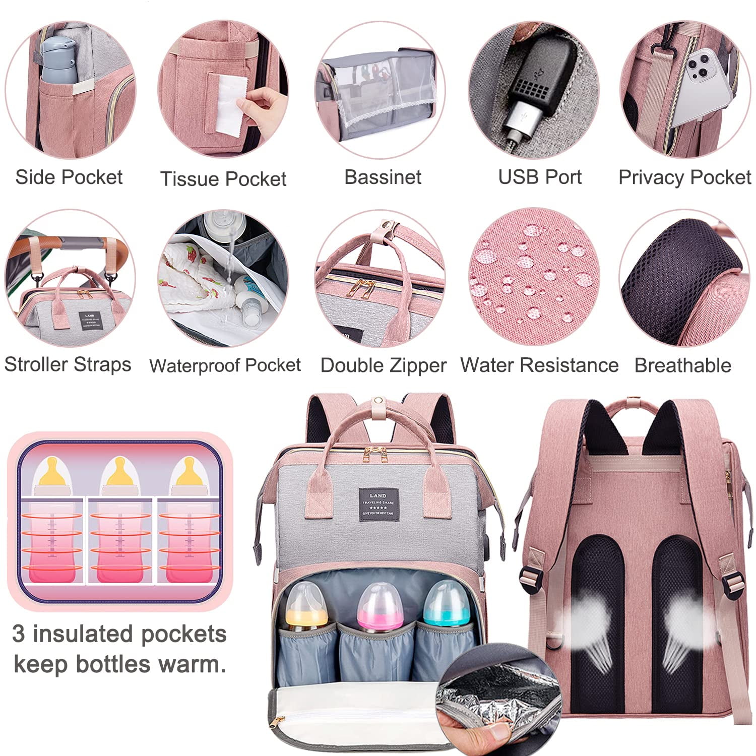 Diaper Bag for Travel, Baby Bag Diaper Bag with Changing Station Baby Girl Boy Waterproof Diaper Bag Backpack