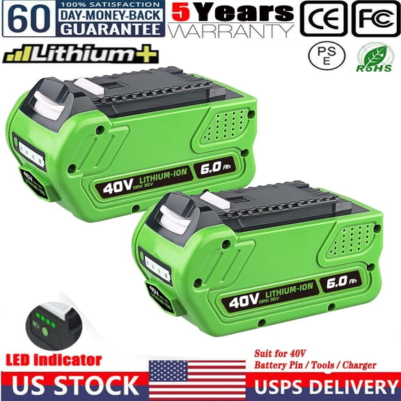 2Pack 6.0Ah 29462 Lithium ion Battery Replacement for Greenworks 40V Battery 29472 29462 29482 2901319 Compatible with Greenworks 40 Volt G-MAX Cordless Power Tools，With LED Light