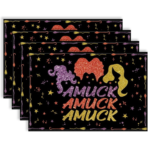 Linen Black Halloween Placemats Set of 4 Hocus Pocus Table Mats Halloween Sanderson Sisters Amuck Decorations and Supplies for Home Table-12×18''''