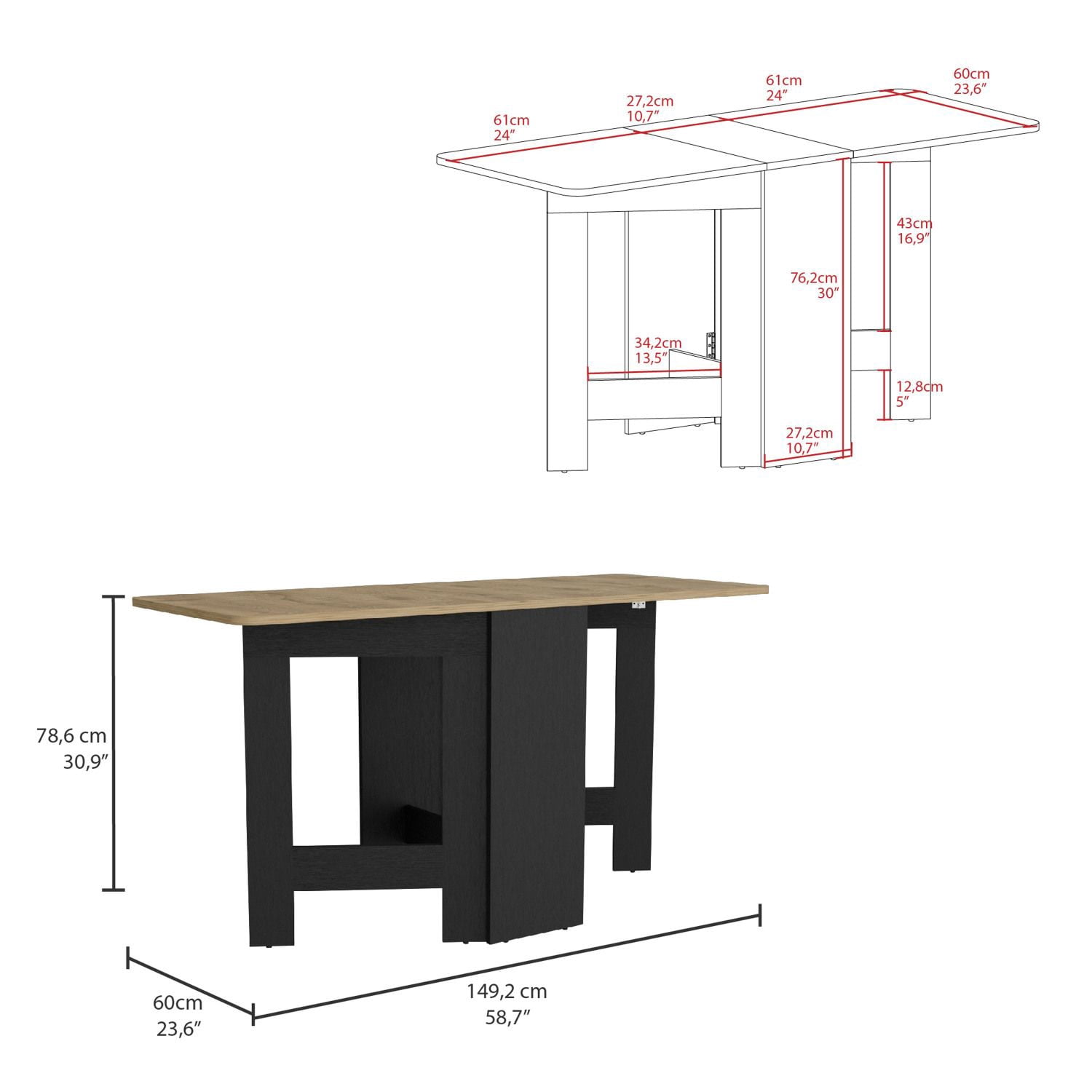 Asteroutdoor Gateleg Folding Table, Space-Saving, 12.3 in to 58.7 in Wide, 22 lb Capacity, 30.9 in High, Multicolor, for Dining Room