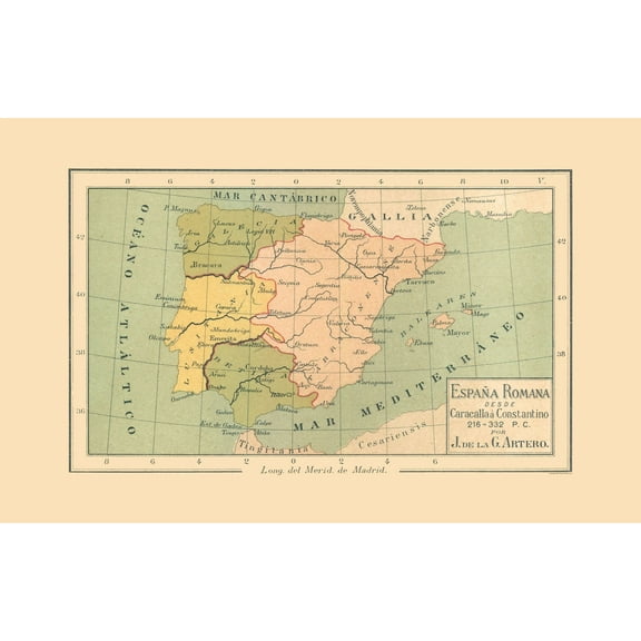 Historic Map - Spain 216 AD to 332 AD - Artero 1879 - 36.34 x 23 - Vintage Wall Art