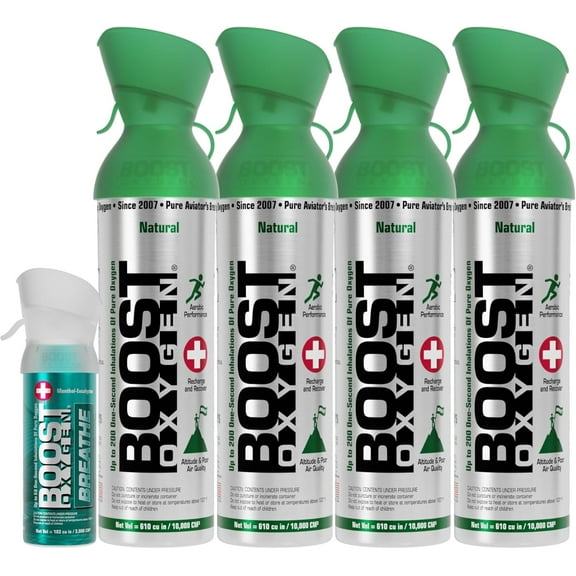 Boost Oxygen Canned 4 Portable 10 Liter Natural Oxygen Canister Bottle with 1 Natural Pocket Sized Pure Canned Oxygen Bottle Canister