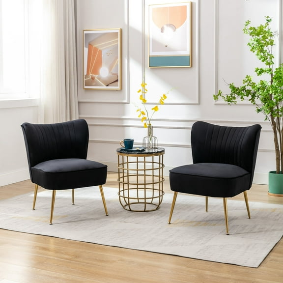 Guyou Modern Accent Chair Set of 2, Armless Slipper Chair Velvet Upholstered Lounge Chair, Wingback Large Single Sofa Side Chair with Gold Legs for Living Room Bedroom, Black