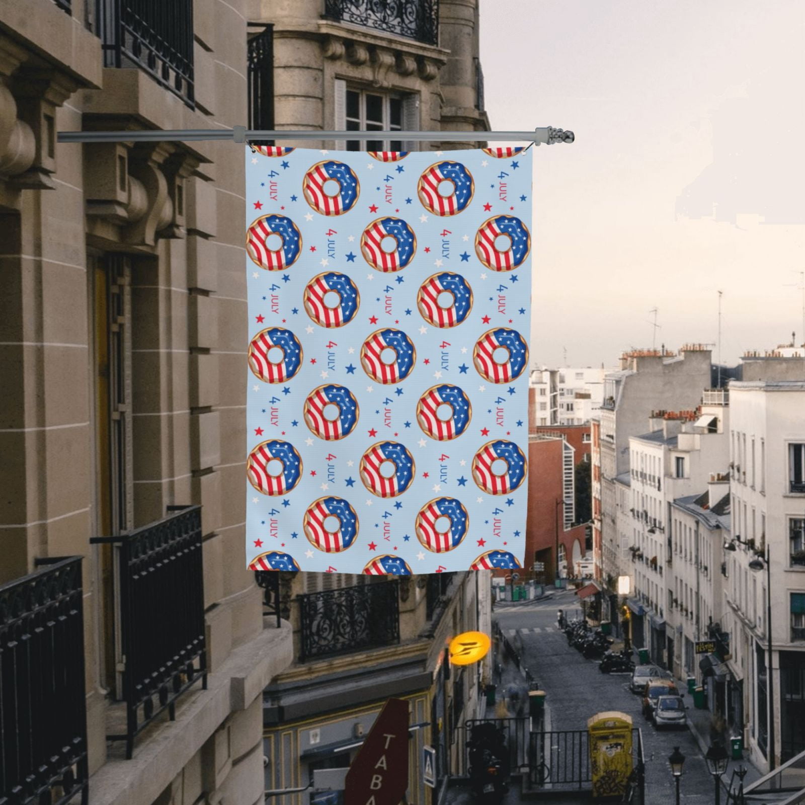 Vsdgher Donut with the USA Fag Print Outdoor Decorative Flag 4x6ft, Suitable for outdoor decoration, can be hung indoors, on outdoor lawns, balconies, parties