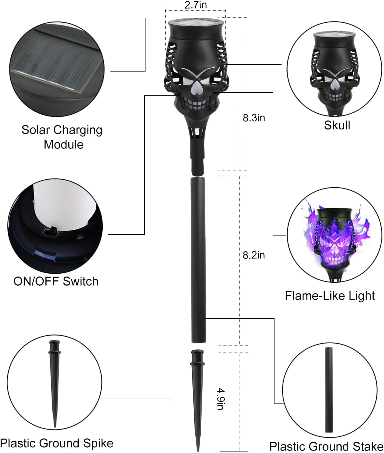 Spooky Skulls Solar Torch Lights - 8-Pack Flickering Flame Torches for Enchanting, Waterproof Outdoor Solar Powered Lighting, for Pathways, Garden, Yard, Halloween Decor, Black Purple-Lights