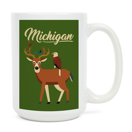 

15 fl oz Ceramic Mug Michigan Deer and Birds Geometric Contour Dishwasher & Microwave Safe