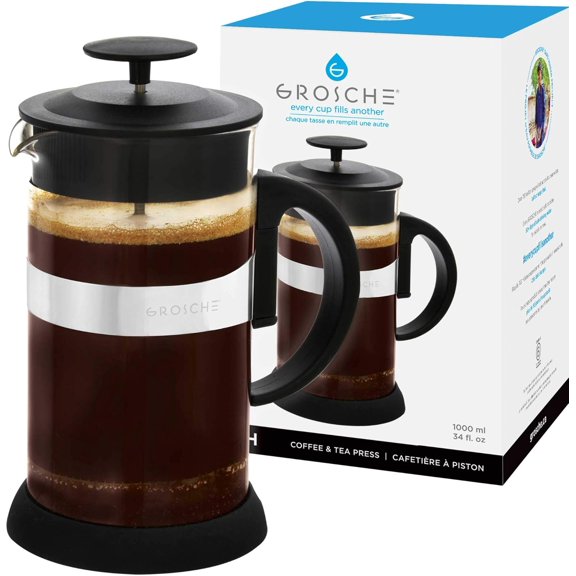 GROSCHE ZURICH French Press Coffee Maker | Stainless Steel Coffee Filter | 18/8 Double Walled Stainless Steel French Press Coffee Maker | Borosilicate Glass Beaker, 11.8 OZ