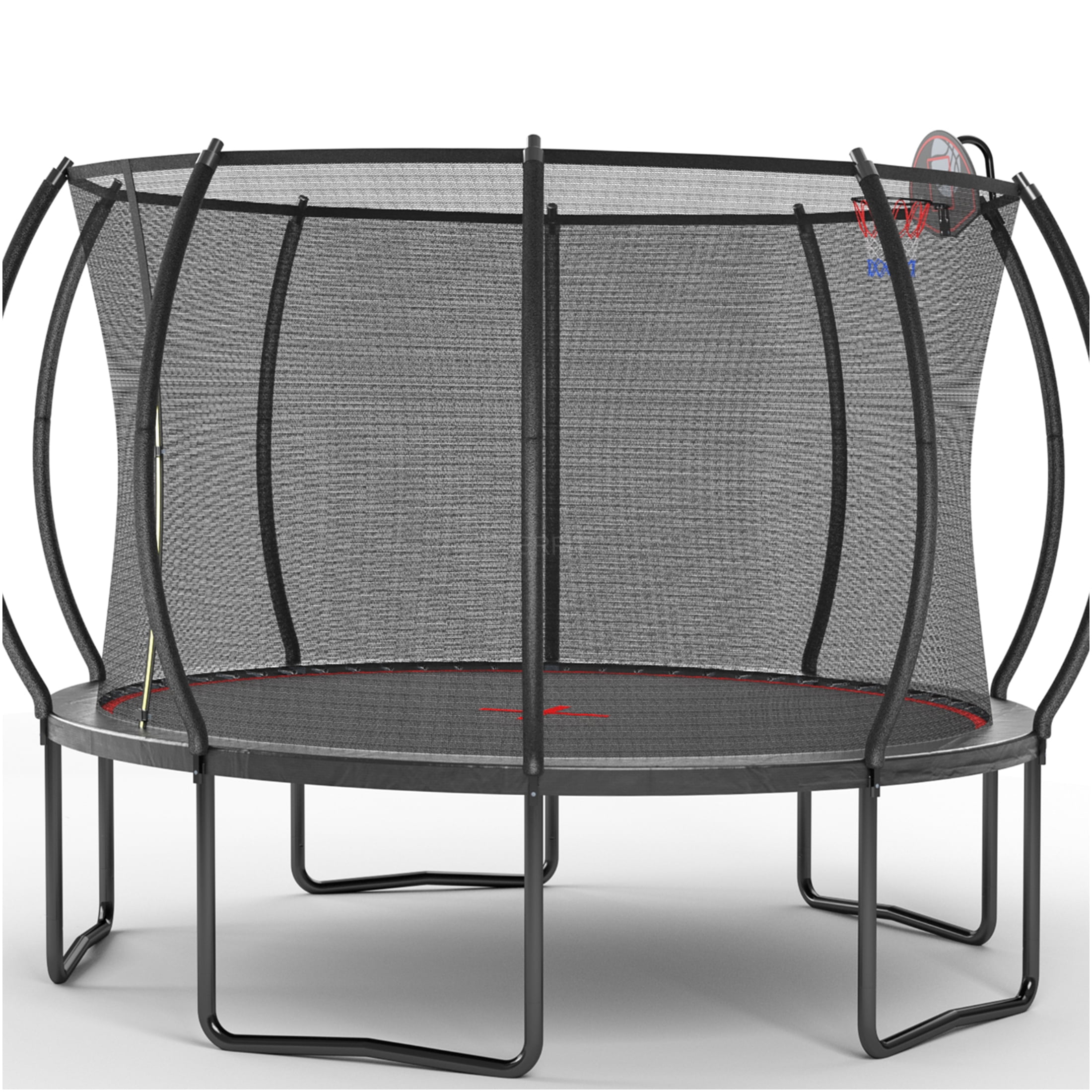 JERFIT 12ft Trampoline with Safety Enclosure Net, Basketball Hoop & Ladder, Outdoor Jumping Mat for Kids and Family, Black and Red