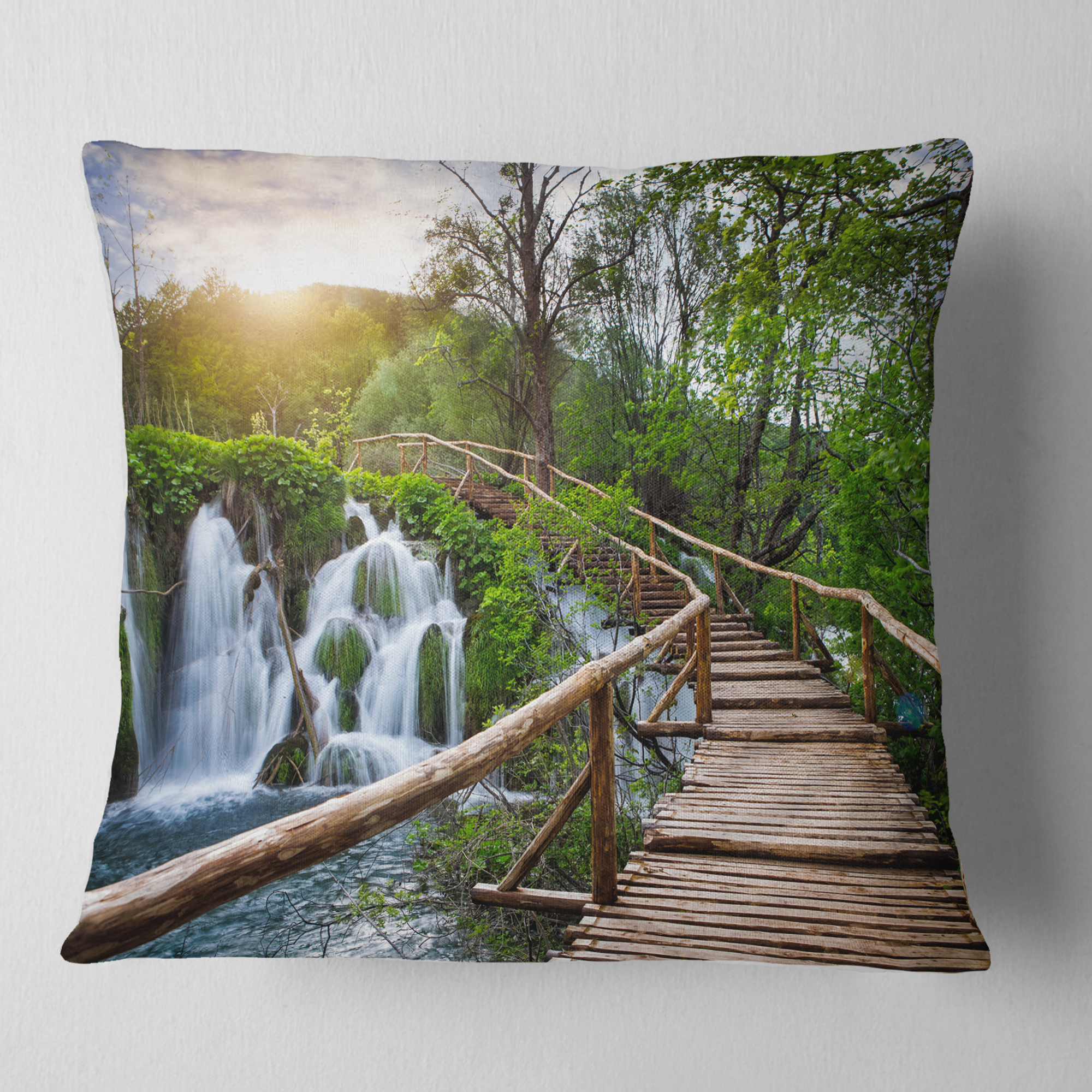 Designart Pathway in Plitvice Lakes - Landscape Photography Throw Pillow - 18x18