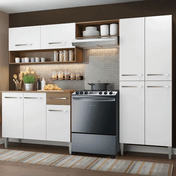 Cocina Integral Completa Madesa Emilly Sin Tarja 229Cm - Marrón/Blanco