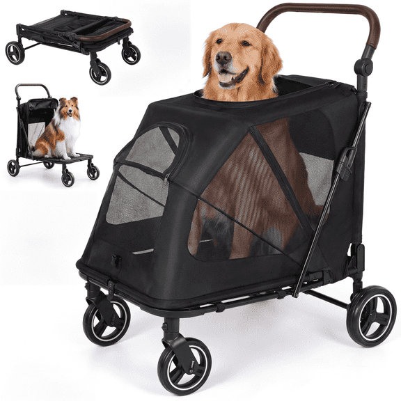 LIFERUN Pet Stroller for Medium & Large Dogs, Foldable Dog Stroller for 2 Small Dogs (up to 66lbs), with Dual Entry, One-Step Brake & Adjustable Handle