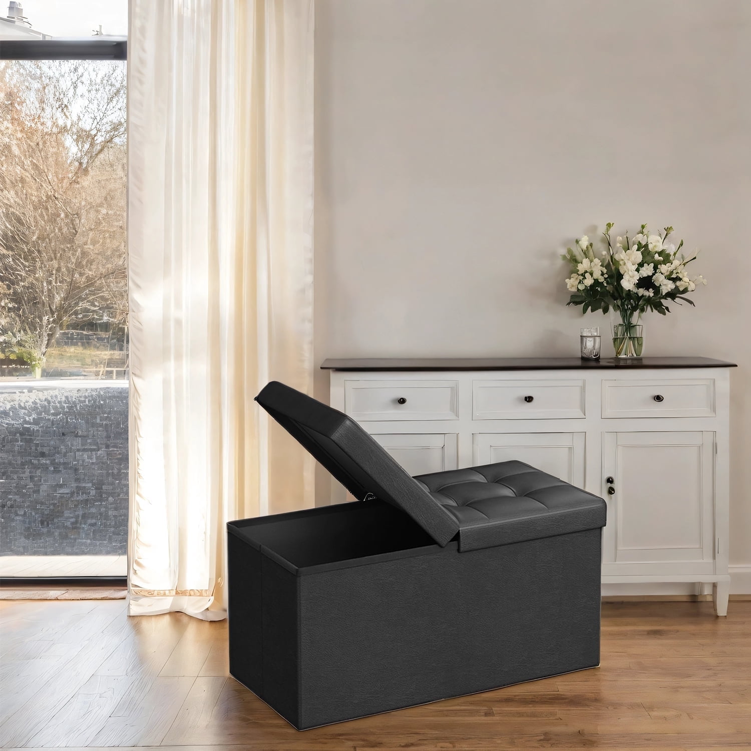LEDREM 30" Storage Ottoman Bench with Flip-Top Lid, 660lb Capacity, Multi-Functional Footrest, Seat, Easy-Clean Synthetic Leather, Black
