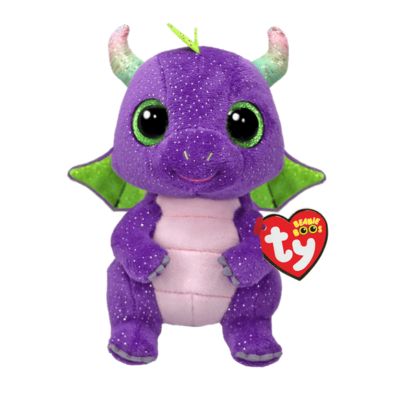 Ty Beanie Boos - DAPHNE the Purple Dragon Regular Size 6" Plush (GLITTERY EYES)(BONUS 1 FUN CHOPS & 1 TY CARD)