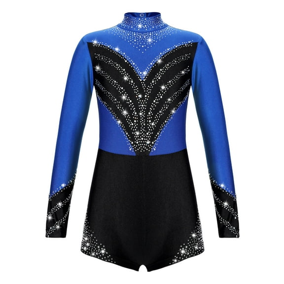 Yeahdor Girls Gymnastics Leotard Shiny Rhinestones Long Sleeve Biketard Dance Unitard Jumpsuit A Royal Blue 10