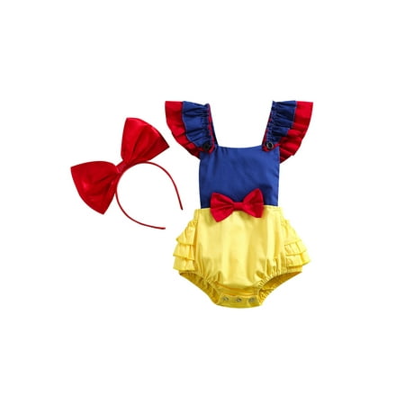 

Infant Baby Summer Romper Princess Color Contrast Flying Sleeves Bow Embellished Puff Jumpsuit + Headband Set