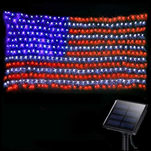 PUHONG American Flag net Lights,420 LED Christmas String Lights 2-Way Charging with Remote Control,Waterproof for Xmas Day Independence Day National Day Memorial Day 2021 Newest Solar & Plug in 