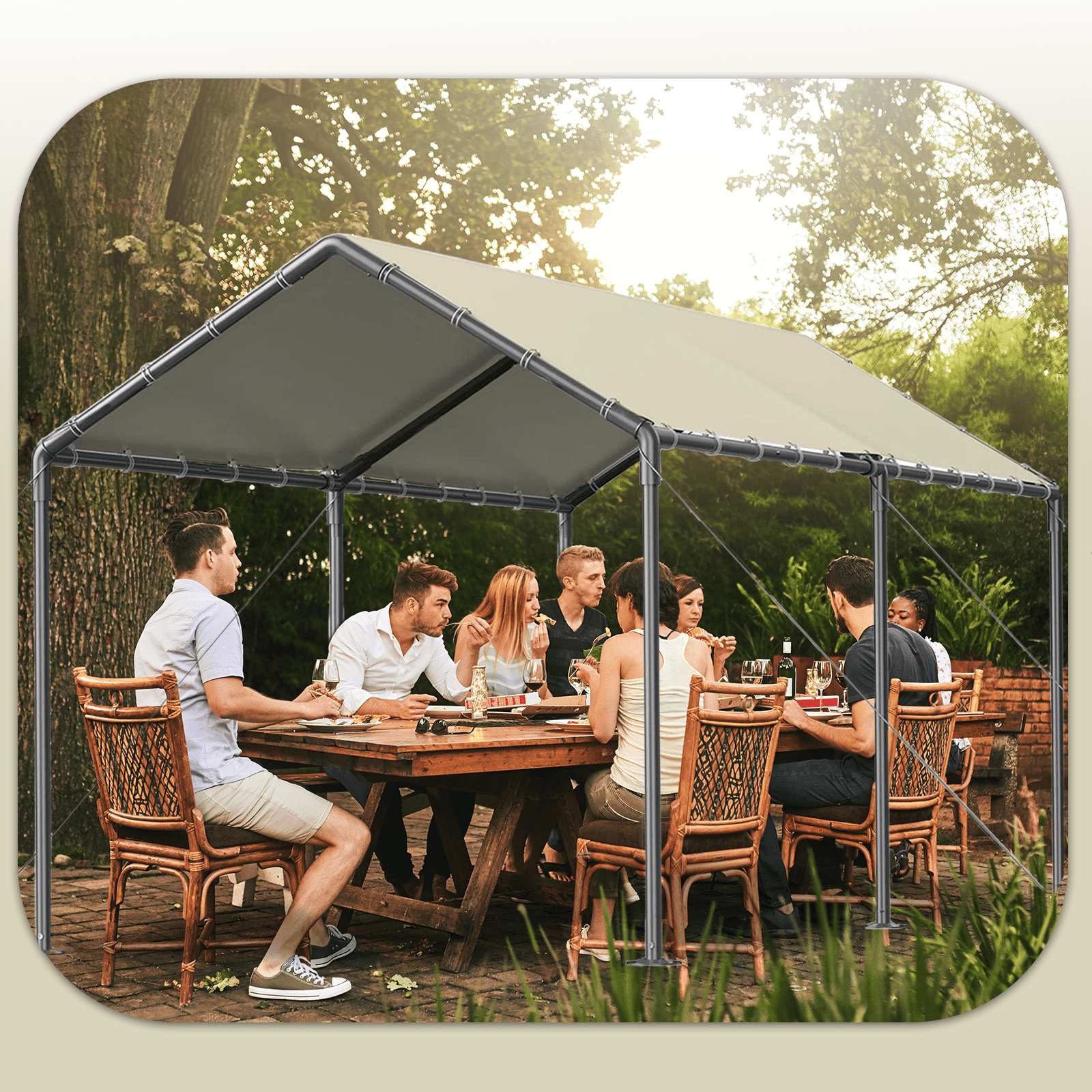 Grezjxc 10x20 ft Metal Carport Car Canopy Portable Car Tent Garage, Beige