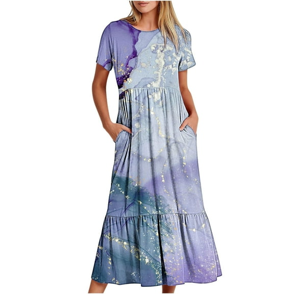 ICHUANYI Women's Dresses Summer Casual Short Sleeve Crewneck Dress Casual Flowy Tiered Maxi Beach Dress With Pockets