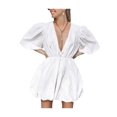 thumbnail image 1 of Qmyliery Women Summer Casual Mini Dress Solid Color V-Neck Short Puff Sleeve Dress Fashion Wild Loose Dress, 1 of 5
