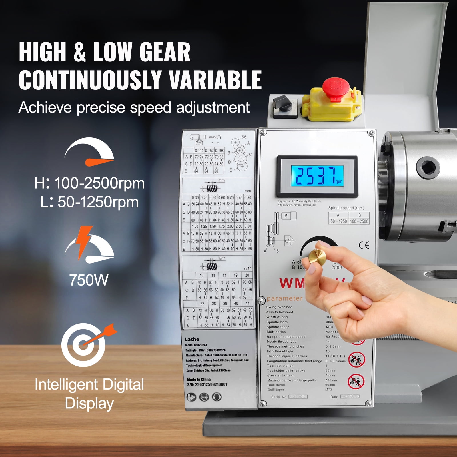 SKYSHALO Benchtop Metal Lathe, 8.3'' x 29.5'', designed for precise metalworking. Features a 0-2500 RPM variable speed, 750W brushless motor, and durable metal gears. Includes a tool box.