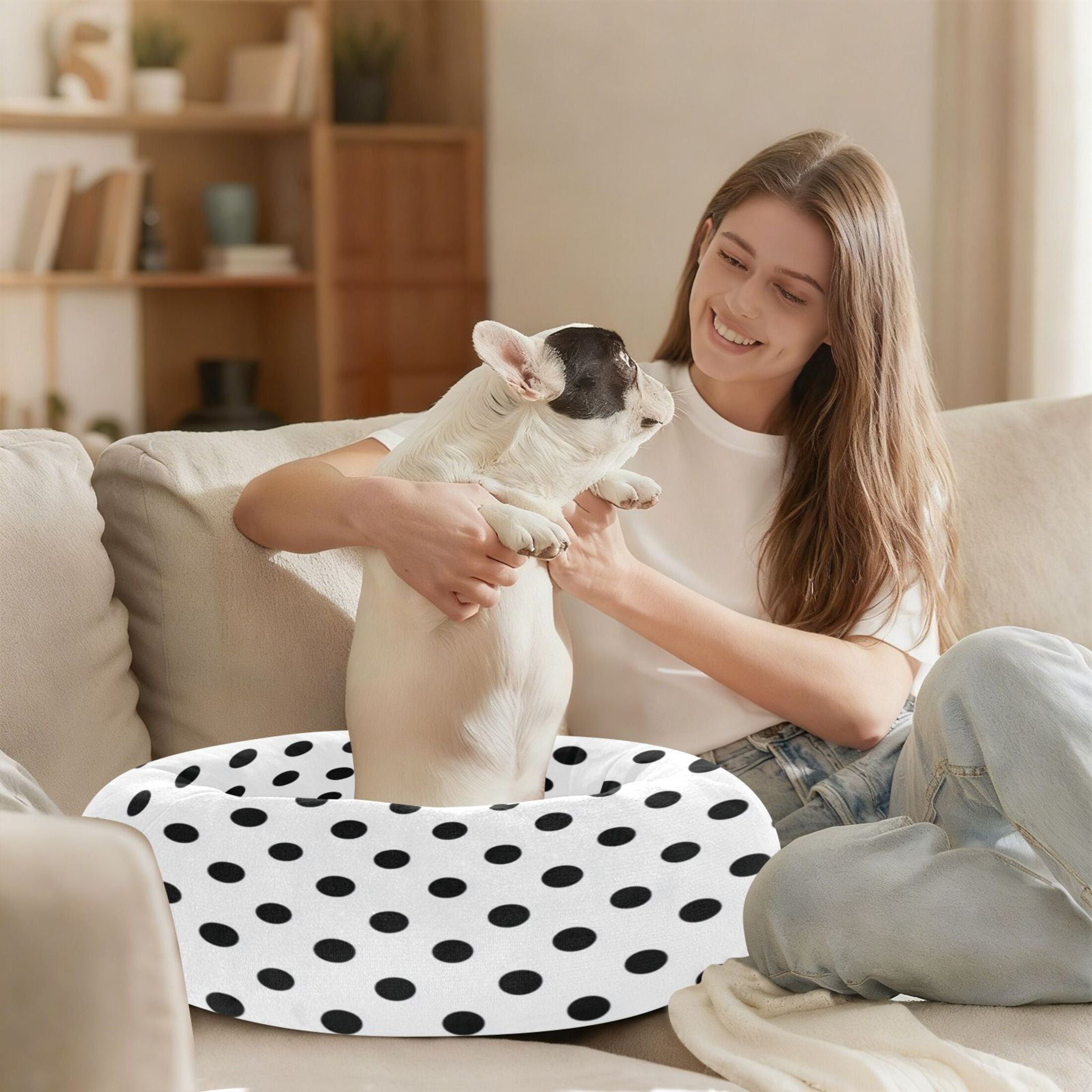 Iauyy Pet Couch Donut Cat Bed for Indoor Cats/Small Dogs Washable & Machine with Non-slip Bottom Calming Cat Furniture, Minimalist Black and White Dots (M)