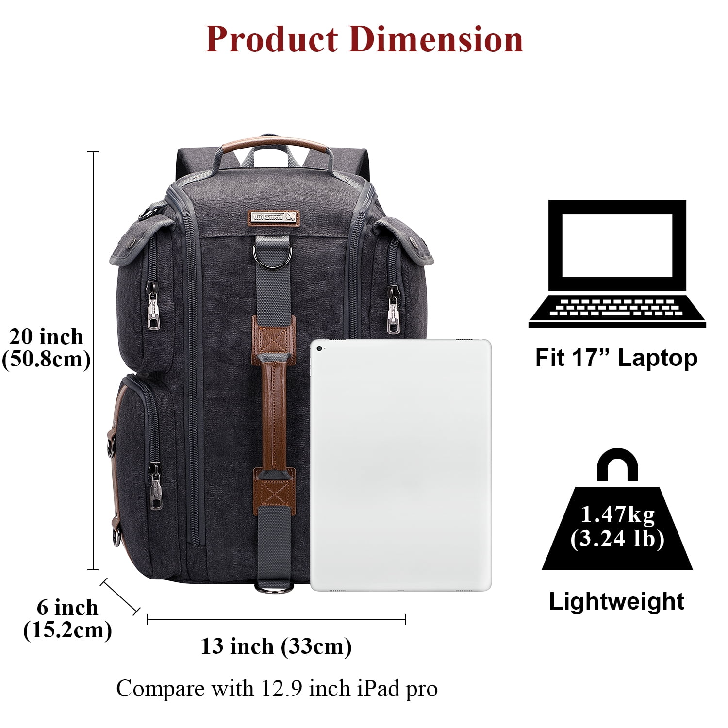 WITZMAN Travel Backpack for Men Carry On Canvas Backpack Luggage Outdoor Duffel Bag (6661 Black)