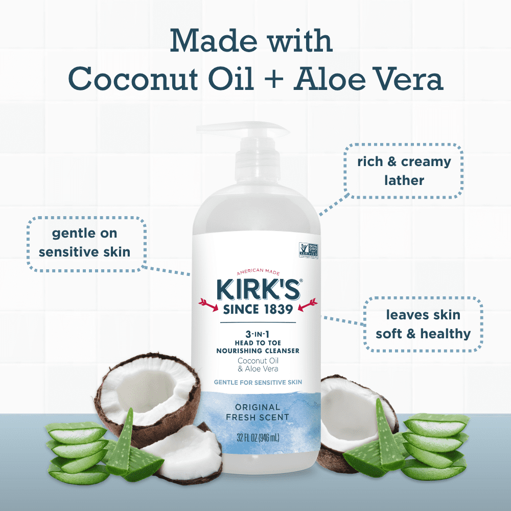 Kirk's 3-in-1 Cleanser - Made With Coconut Oil & Aloe Vera, Original Fresh Scent, 32 Fl Oz