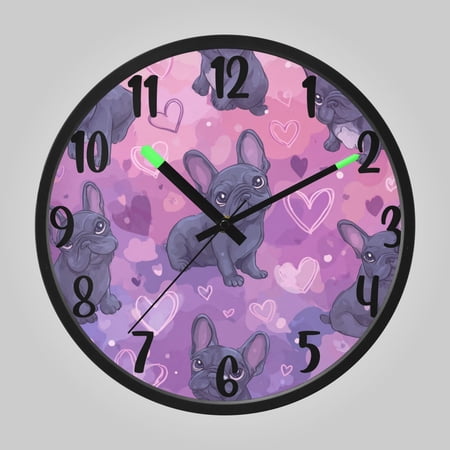 RMDQTR 12 Inch Sound-Activated LED Night Light Wall Clock Silent Sweep Movement Acrylic Face Battery-Operated for Bedroom/Living Room/School// Sweet Frenchie Pink Hearts