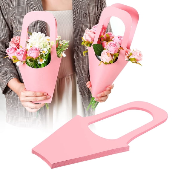 Sabary 24 Pcs Kraft AIF4 Paper Flower Gift Bags Bouquet Bags with Handle Flowers Wrapping Gift Packaging Wrap Tote for Valentine's Day Florist Wedding Party Home Decoration (Pink)