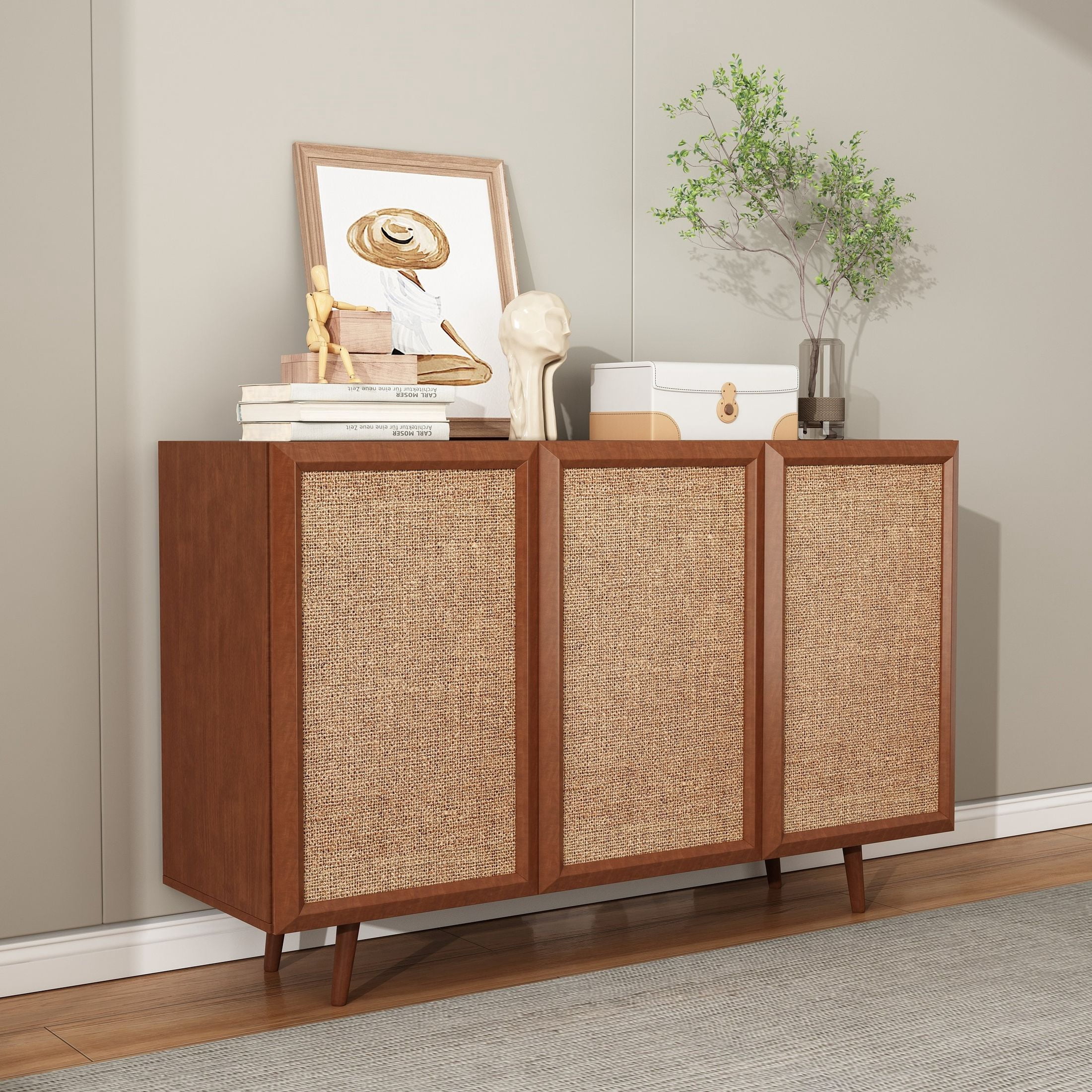 Noble House Laris 47" 3-Door Rattan Buffet Cabinet with Solid Wood Door Frames, Accent Sideboard TV Stand, Walnut