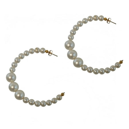 Big Faux Pearl - Large White Beaded Faux Pearl Big Hoop Earrings 2 1/2
