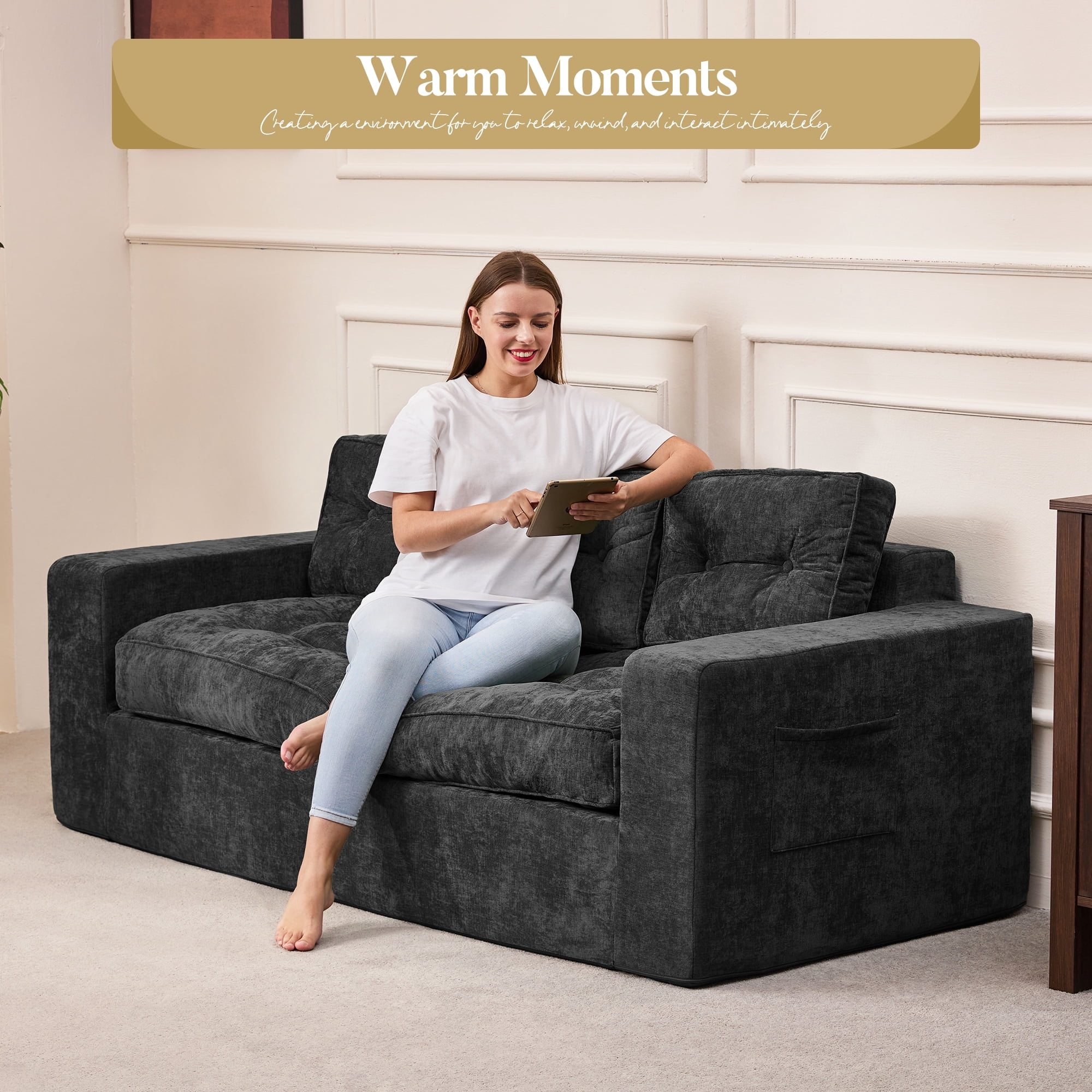 Hobestluk 3-Seater Sofa Boneless Couch with Tufted Button Design 2 in 1 Comfy Cloud Couch Oversized Sofa for Living Room Bedroom Apartment or Office (Grey, 3 Seater)